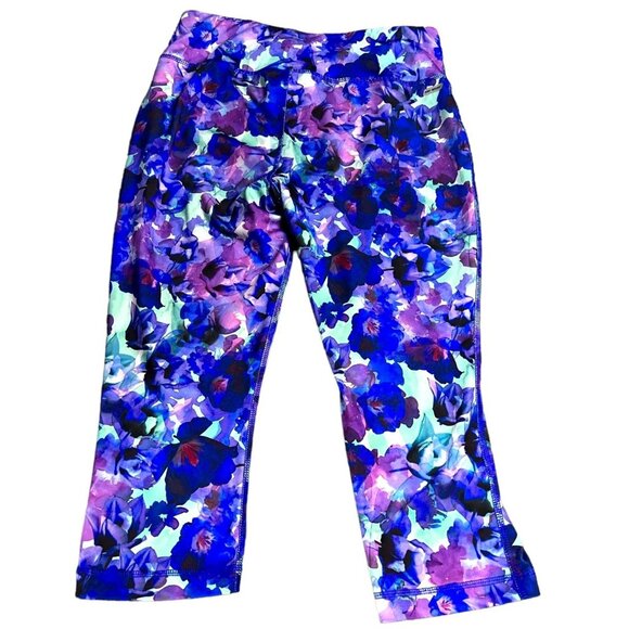Danskin Now Womens Floral Capri Leggings S 4-6 Polyester/Spandex Blue & Purple - Picture 2 of 7